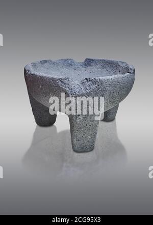 Hittite stone mortar for grinding grain from Hittite capital Hattusa, Hittite New Kingdom 1650-1450 BC, Bogazkale archaeological Museum, Turkey. Grey Stock Photo