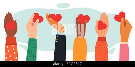 Hands charity concept. Give, share love to people, charity and donation hands with heart symbol, hands with love messages vector illustration Stock Vector