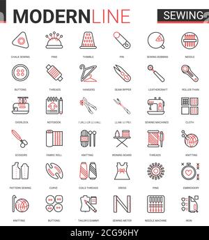 Sewing tailoring thin red black line icon vector illustration set. Outline tailor needlework app symbols, equipment and items collection for embroidery knitting or sewing clothes work editable stroke Stock Vector