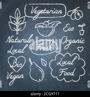 Set of eco food lettering and symbols on chalkboard Stock Vector