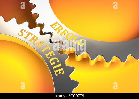 Business Concept: Strategy Success. A good strategy leads to success. Gears fitting into each other. Metaphor. German Language: Strategie Erfolg Stock Photo
