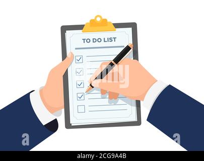 Businessman hands holding clipboard with to do check list. Business man with pen marked checklist on paper form flat eps vector illustration Stock Vector