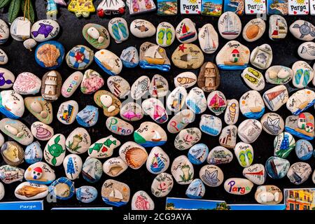 Hand Painted Pebbles For Sale, Parga, Greece. Stock Photo