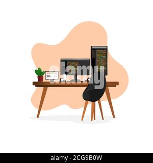 Programmer Workplace flat vector illustration, relevant to technology coorporation. EPS include layer by layer Stock Vector