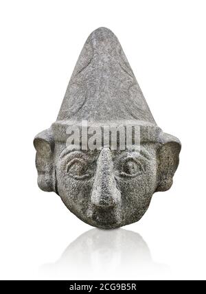 Hittite statue head of a god, Hittite capital Hattusa, Hittite Middle Kingdom 1650-1450 BC, Bogazkale archaeological Museum, Turkey. White background Stock Photo