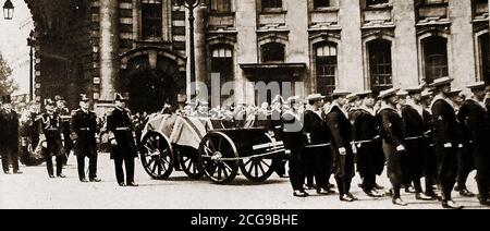 1920 Funeral carriage procession of Admiral Lord Fisher (1st Sea Lord) from Westminster hospital -- John Arbuthnot Fisher, 1st Baron Fisher,  (1841 – 1920),   known generally as  Jack, Jacky or Jackie Fisher. He was a British Admiral of the Fleet known for his efforts at naval reform.  As Controller of the navy, he introduced torpedo boat destroyers as a class of ship. He also  introduced daily baked bread on board ships in place of the usual ships biscuits. On his death from cancer aged 79, he was given a state funeral at Westminster Abbey, being commonly compared in greatness to Lord Nelson. Stock Photo