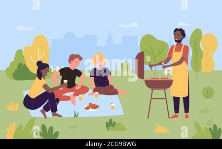 People on outdoor picnic party vector illustration. Cartoon happy young friend group of characters grilling meat, cooking grilled barbecue sausages, bbq food on grill in summer nature background Stock Vector