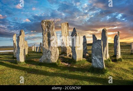 Calanais Standing Stones central stone circle, at sunset, erected between 2900-2600BC measuring 11 metres wide. At the centre of the ring stands a hug Stock Photo