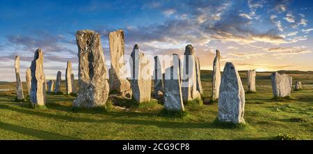 Panorama of Calanais Standing Stones  central stone circle erected between 2900-2600BC measuring 11 metres wide. At the centre of the ring stands a hu Stock Photo