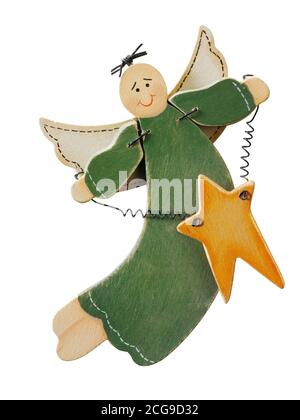 Hand made artisan wooden angel tree decoration, , cut out Stock Photo