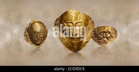 Mycenaean gold death masks from Grave Circle A, centre mask of Agamemnon, Mycenae, Greece. National Archaeological Museum of Athens Stock Photo