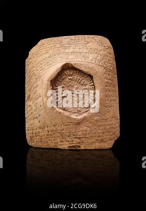 Hittite cuneiform clay tablet,  Hattusa, Hittite  Kingdom 1600-1200 BC, Bogazkale archaeological Museum, Turkey. Black background Stock Photo