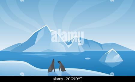 Arctic Antarctic landscape vector illustration. Cartoon marine life natural scene with iceberg, ice glacier and penguins standing next to blue sea or ocean water, scenic northern icy nature background Stock Vector