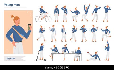 Young man poses infographic vector illustration set. Cartoon flat bearded hipster character standing, walking with smartphone and coffee cup, riding bike bicycle or scooter postures isolated on white Stock Vector