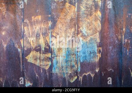 Abstract painting. Part of dirty old rusted surface. Multicolor metal textures. Poster. Interior decor. Grunge background with crooked lines. Image cl Stock Photo