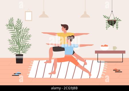 Couple yoga exercises vector illustration. Cartoon lover or friends people doing yoga asana pose, workout in home interior of living room, active man woman character exercising together background Stock Vector