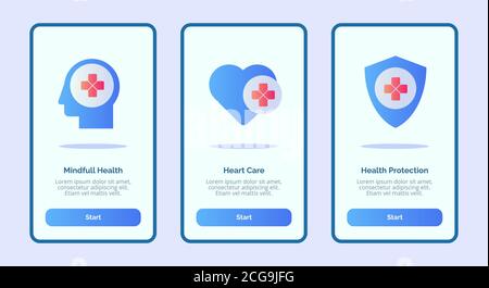Medical icon mind full health heart care health protection for mobile apps template banner page UI with three variations modern flat color style Stock Vector