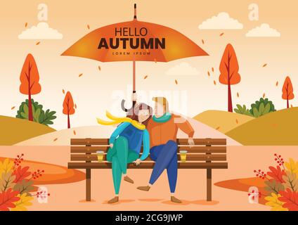 cute couple sitting on bench. Hello Autumn Vector illustration with beautiful landscape. Stock Vector