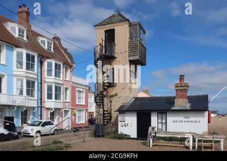 Aldeburgh, Suffolk, UK - 9 September 2020: Bright autumn day on the East Anglia coast. South Beach Lookout. Stock Photo
