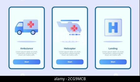 Medical icon ambulance helicopter landing for mobile apps template banner page UI with three variations modern flat color style. Stock Vector