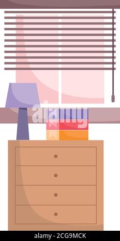 workspace stack books lamp furniture and window isolated design white background vector illustration Stock Vector