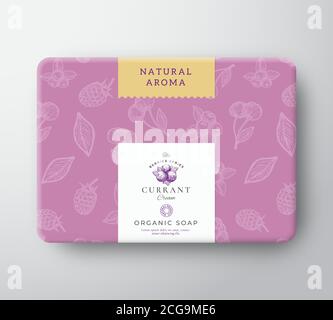 Currant Bath Soap Cardboard Box. Abstract Vector Wrapped Paper Container with Label Cover. Packaging Design. Modern Typography and Hand Drawn Berries Stock Vector