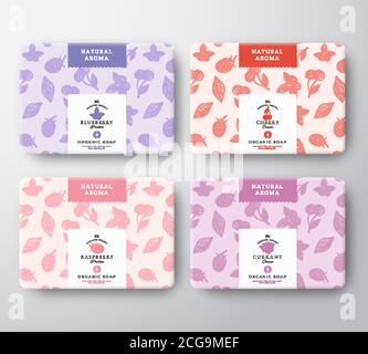 Cherry, Raspberry, Blueberry and Currant Soap Cardboard Boxes Set. Abstract Vector Wrapped Paper Container with Label Cover. Packaging Design. Hand Stock Vector