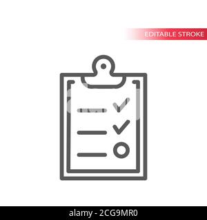 Clipboard with checklist thin line vector icon. Paper board with tick mark or check, outline, editable stroke. Stock Vector