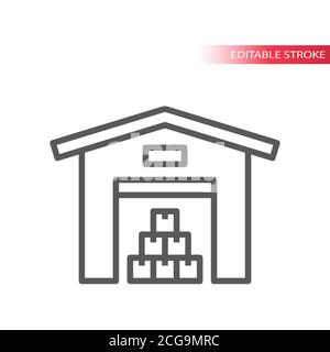 Warehouse with stacked boxes line vector icon. Storage building simple symbol, outline, editable stroke. Stock Vector