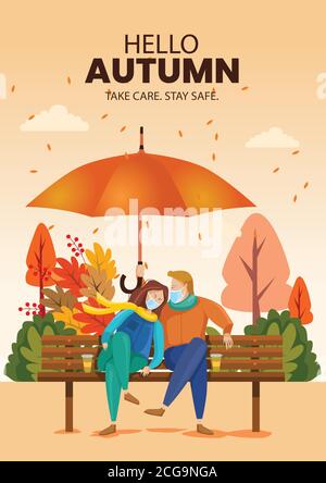 cute couple sitting on bench. Hello Autumn Vector illustration with beautiful landscape. covid corona virus concept Stock Vector