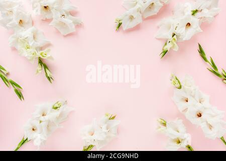 Beautiful white gladioluses on pink background. Pattern of gladioli with space for your text, holiday greeting card. Valentine's. Flat lay, top view.  Stock Photo