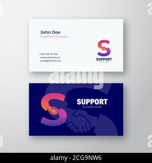Support Abstract Vector Sign or Logo and Business Card Template. Hand Shake Incorporated in Letter S Concept. Premium Stationary Realistic Mock Up. Stock Vector