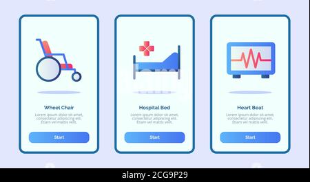 Medical icon wheel chair hospital bed heart beat for mobile apps template banner page UI with three variations modern flat color style. Stock Vector