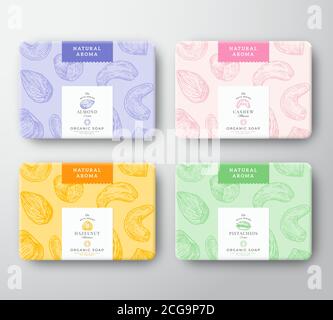 Almond, Cashew, Hazelnut and Pistachio Soap Cardboard Boxes Set. Abstract Vector Wrapped Paper Container with Label Cover. Packaging Design. Hand Stock Vector
