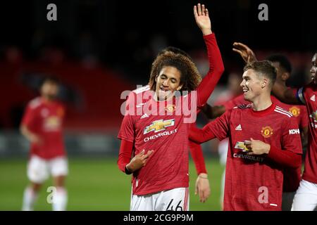 Manchester United's Hannibal Mejbri celebrates scoring his side's first goal of the game during the EFL Trophy Northern Group B match at the Peninsula Stadium, Salford. Stock Photo