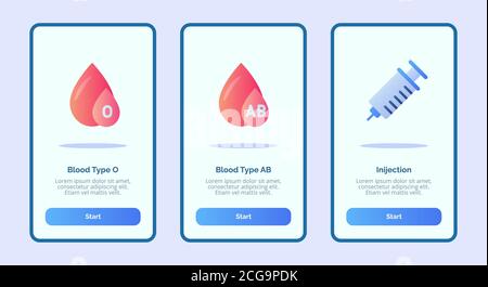 Medical icon blood type O blood type AB Injection for mobile apps template banner page UI with three variations modern flat color style Stock Vector