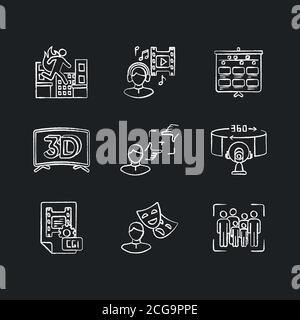 Film making chalk white icons set on black background Stock Vector