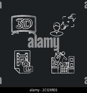 Film production chalk white icons set on black background Stock Vector
