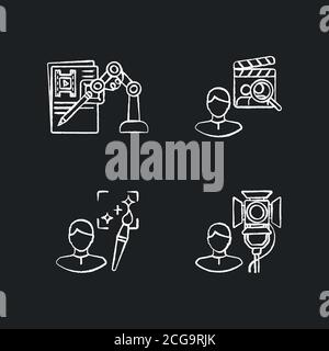 Movie production chalk white icons set on black background Stock Vector