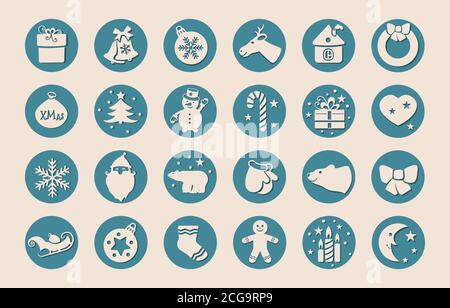 Christmas flat icons for web design and mobile app. Beige pictures on blue circles. Sweet christmas candy cane, gingerbread house, man and other Stock Vector