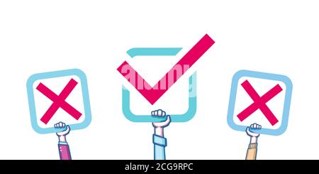 Voting concept, election. Choice, dispute, opposition. Check mark and cross. People's choice. Make a choice Stock Vector