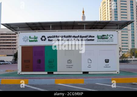 Abu Dhabi, September 9, 2020: Recycling centre with separate materials recycling bins for wood,rubber,textiles,waste,paper and cardbord in Emirates ci Stock Photo