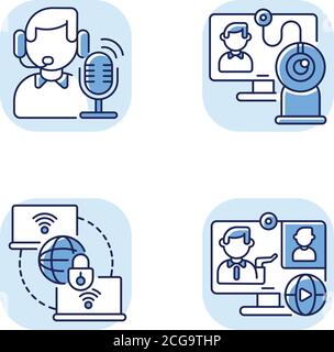 Web conference blue RGB color icons set Stock Vector