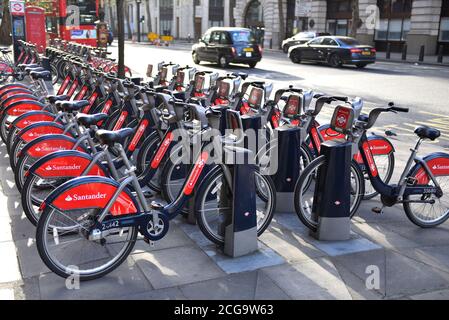 London,UK - April 01, 2017: Santander rental bikes for hire in London. These bicycles can be rented at a series of locations around the city and are o Stock Photo