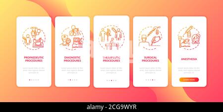 Medical procedures types onboarding mobile app page screen with concepts Stock Vector