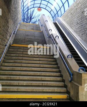 Subway station in Warsaw. Stairs and escalator exit the subway. Stock Photo
