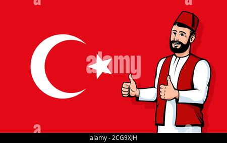 Turkish man in fez smiling on Turkey flag background Stock Vector