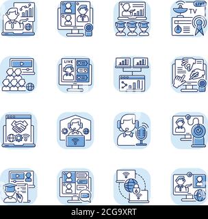 Online conference RGB color icons set Stock Vector