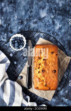 Delicious homemade cottage cheese and raisins loaf cake on blue background, top view Stock Photo