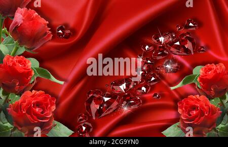 3d wallpaper, red roses on silk background. Celebration 3d background. Valentine’s day. Stock Photo